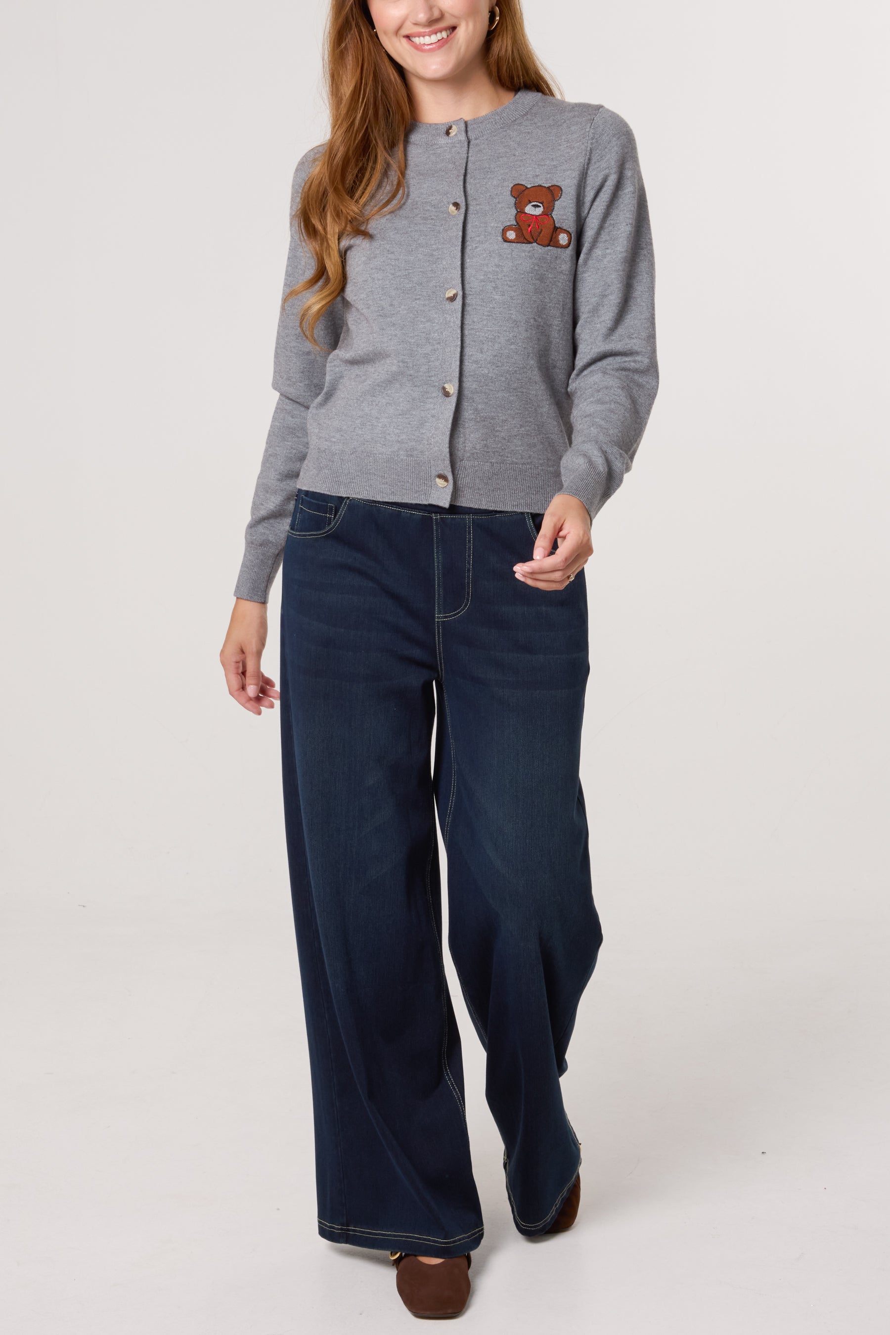 Fine Knit 2 Embroidered Teddy Bears Cardigan