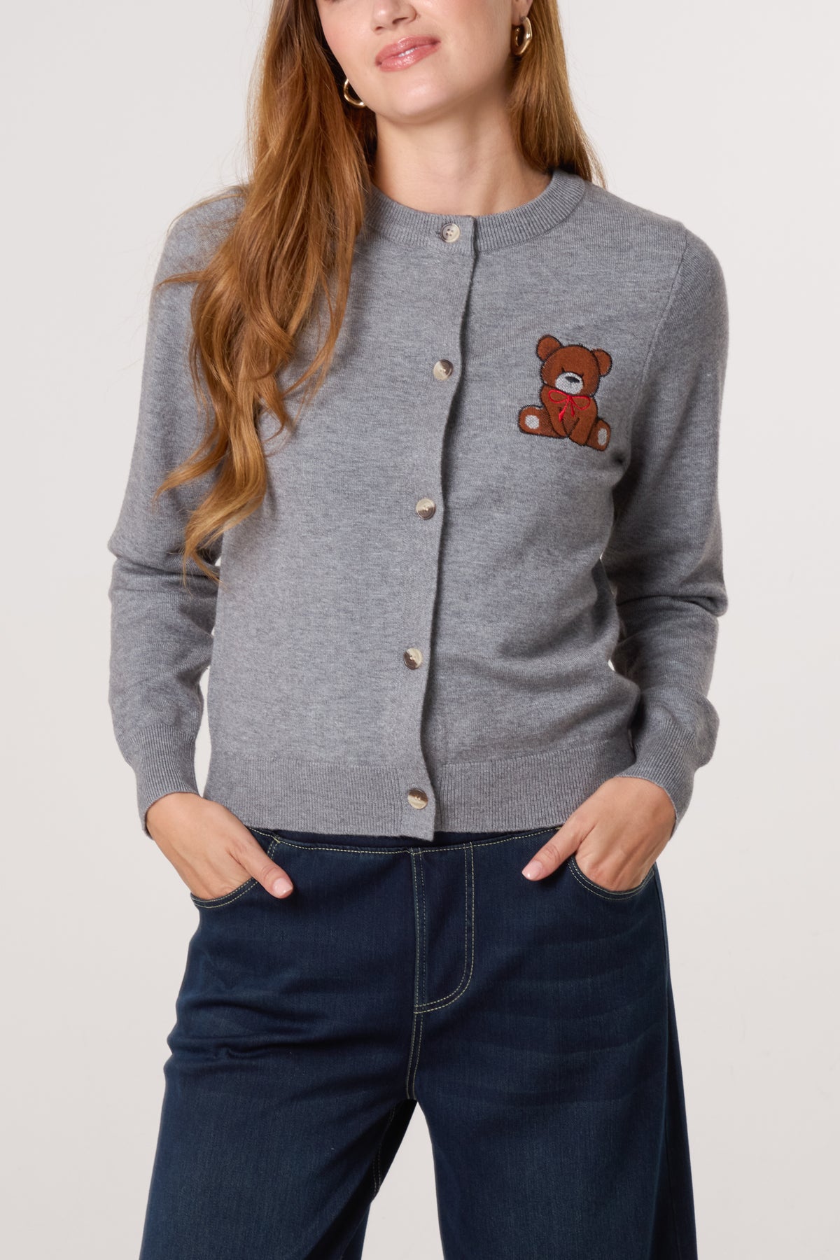 Fine Knit 2 Embroidered Teddy Bears Cardigan