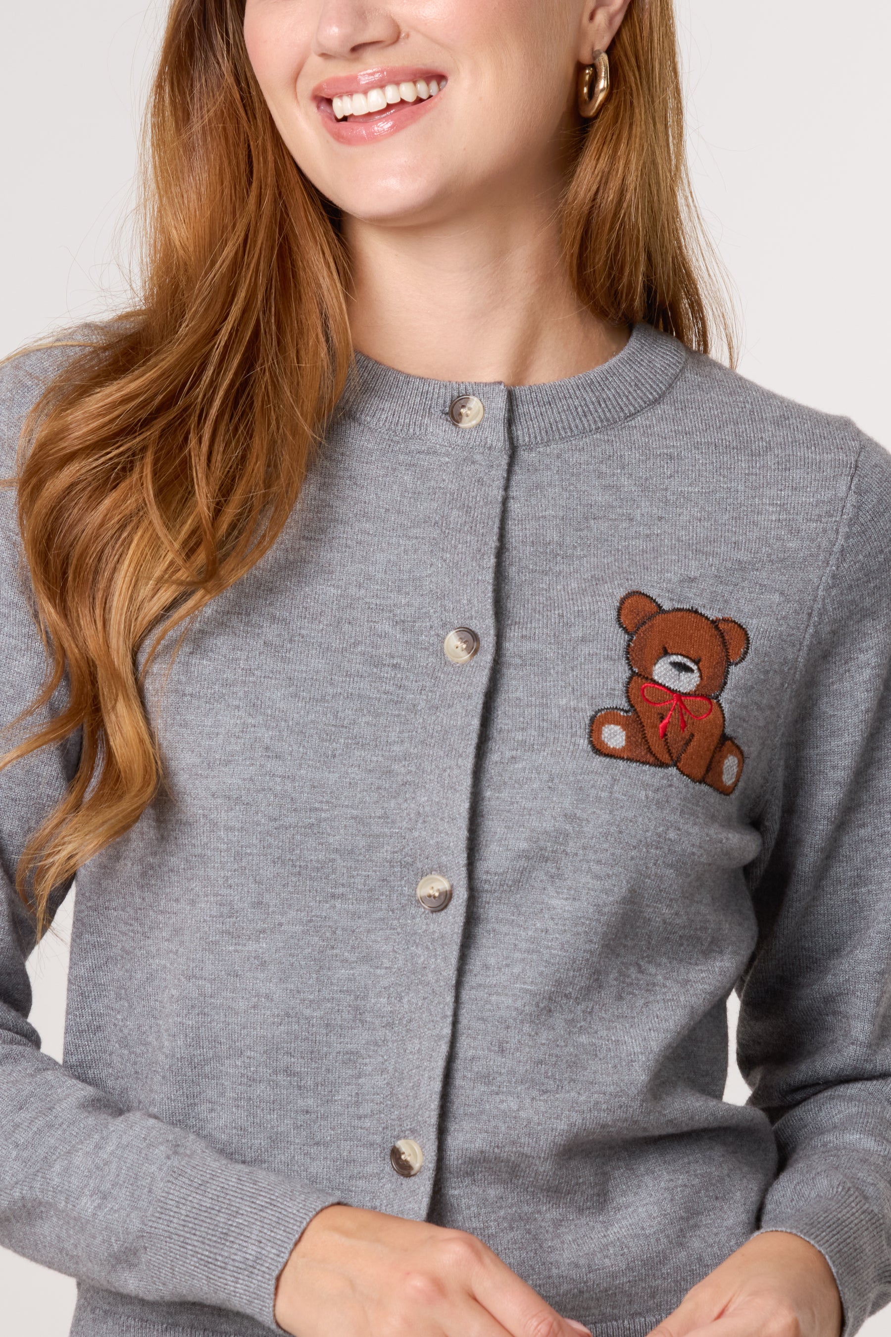 Fine Knit 2 Embroidered Teddy Bears Cardigan