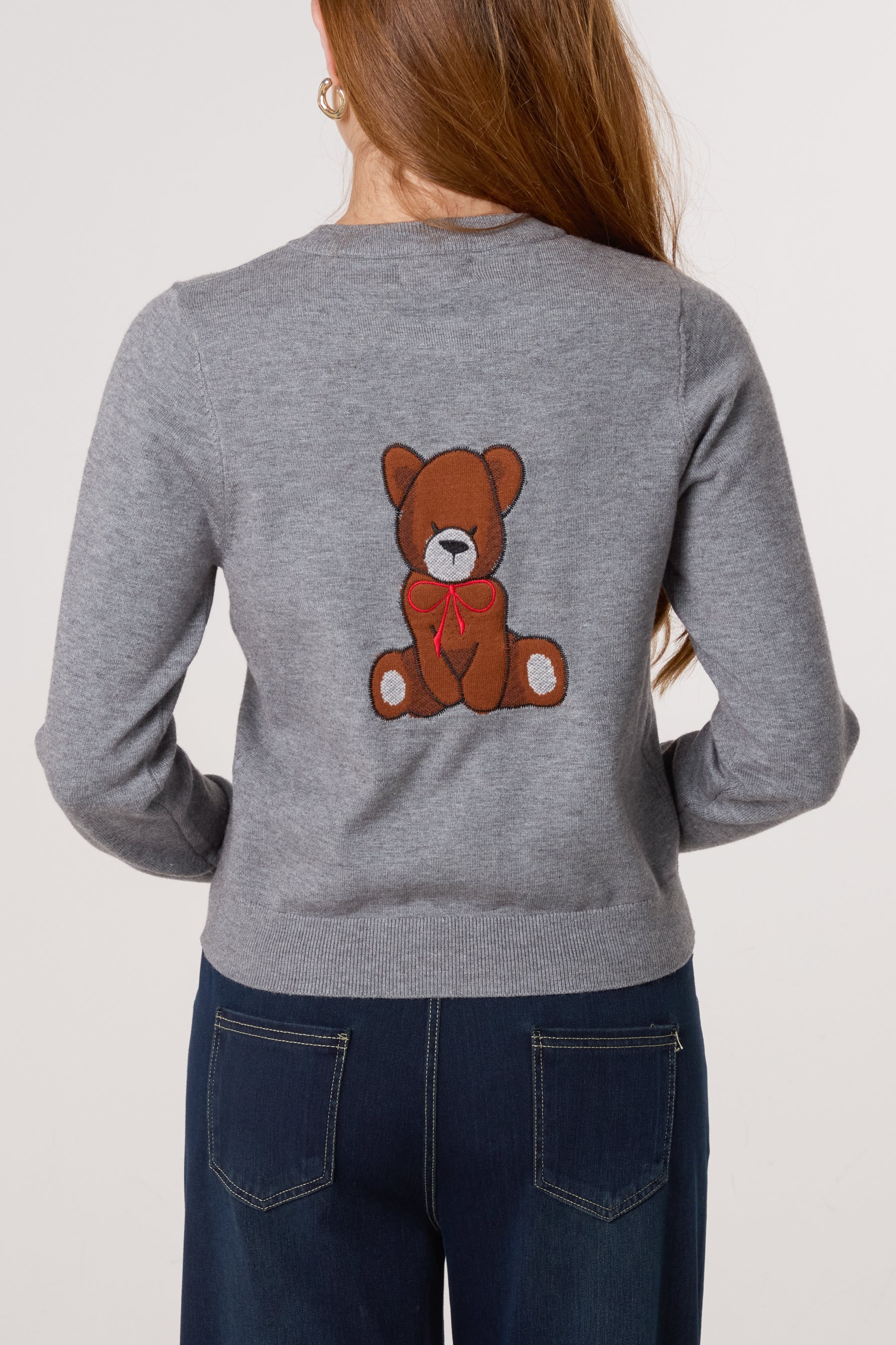 Fine Knit 2 Embroidered Teddy Bears Cardigan