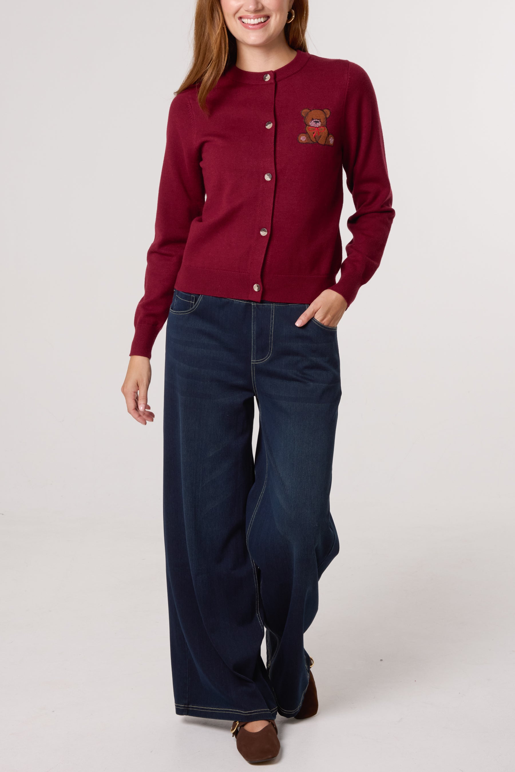 Fine Knit 2 Embroidered Teddy Bears Cardigan