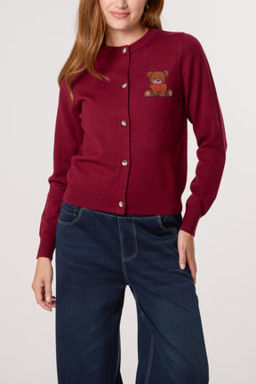 Fine Knit 2 Embroidered Teddy Bears Cardigan
