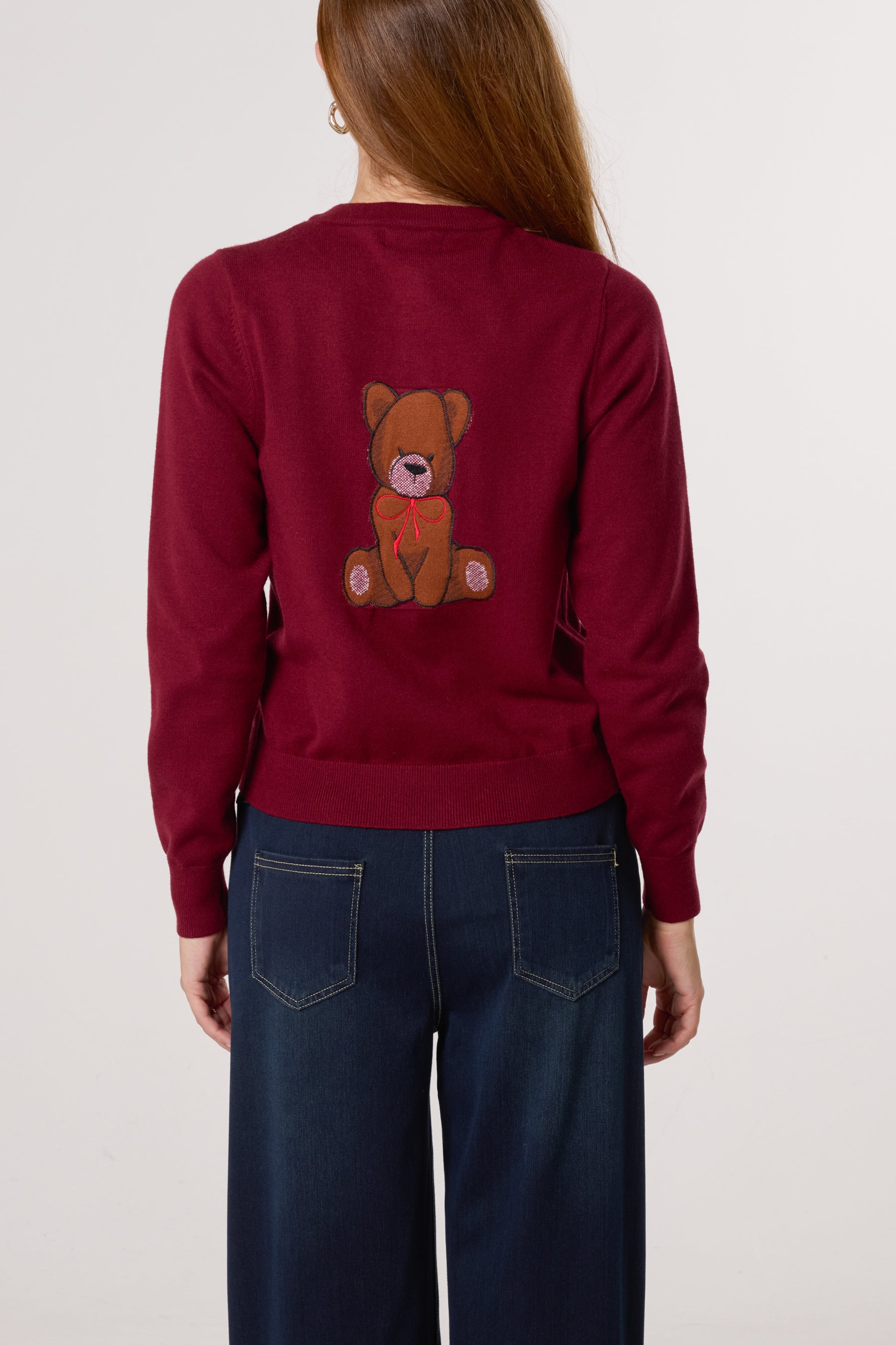 Fine Knit 2 Embroidered Teddy Bears Cardigan