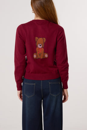 Fine Knit 2 Embroidered Teddy Bears Cardigan