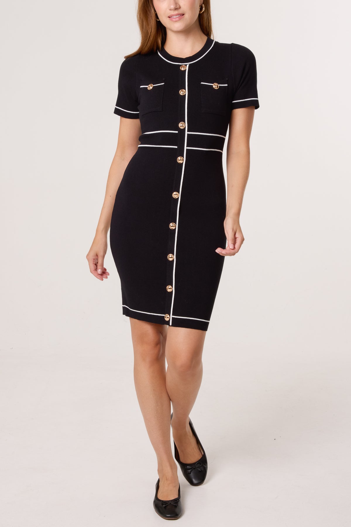 Golden Button Contrast Knit Dress