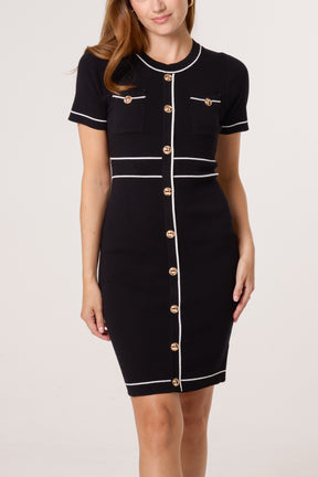 Golden Button Contrast Knit Dress