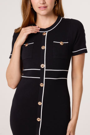 Golden Button Contrast Knit Dress