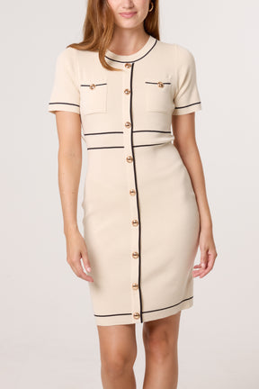 Golden Button Contrast Knit Dress