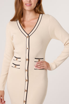 Golden Button Contrast V-Neck Dress