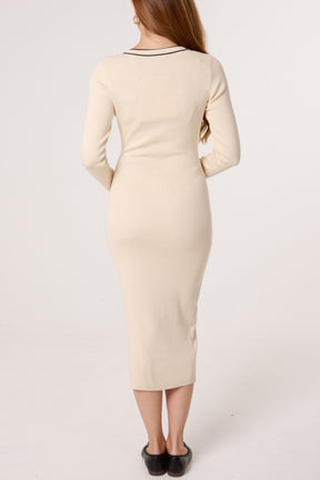 Golden Button Contrast V-Neck Dress