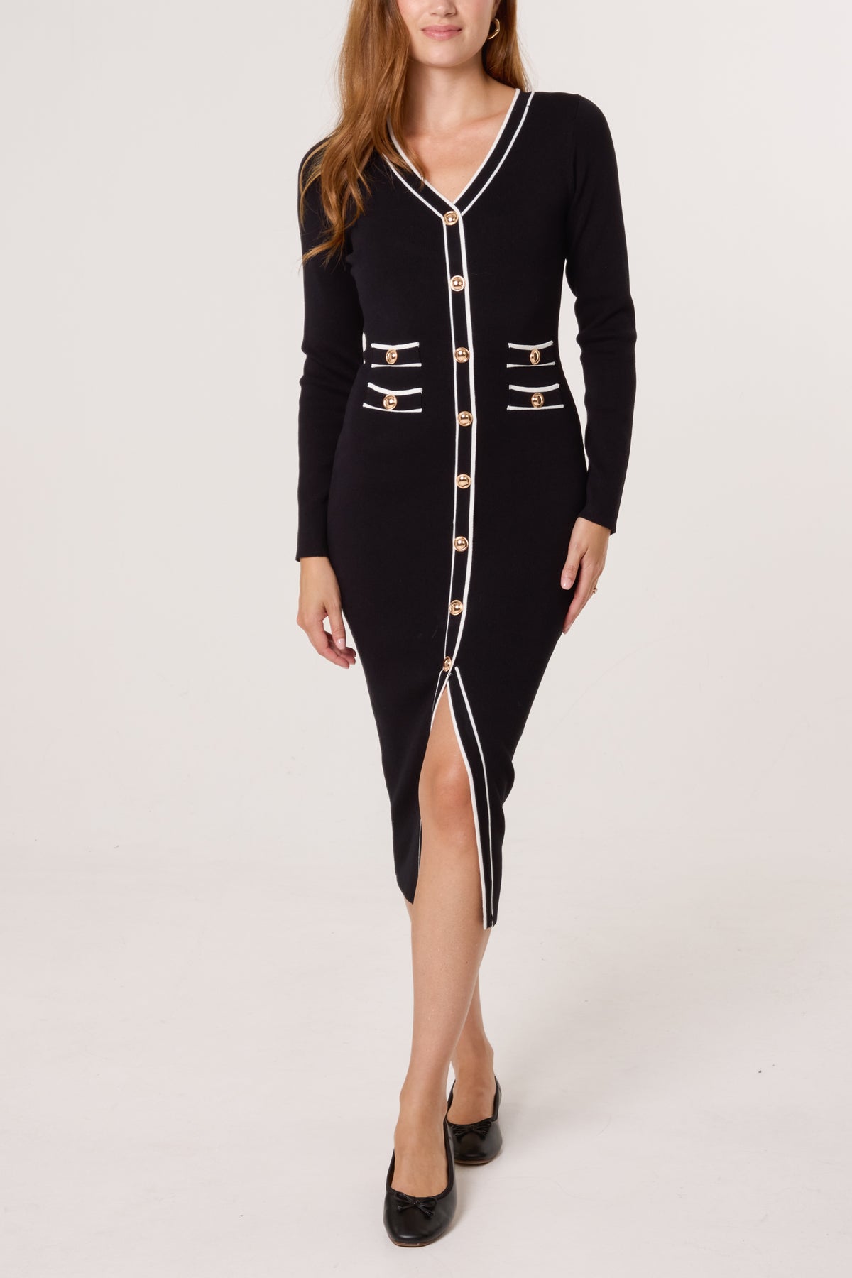 Golden Button Contrast V-Neck Dress