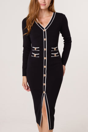 Golden Button Contrast V-Neck Dress