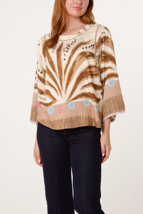 Abstract Leaf Print Embroidery Top