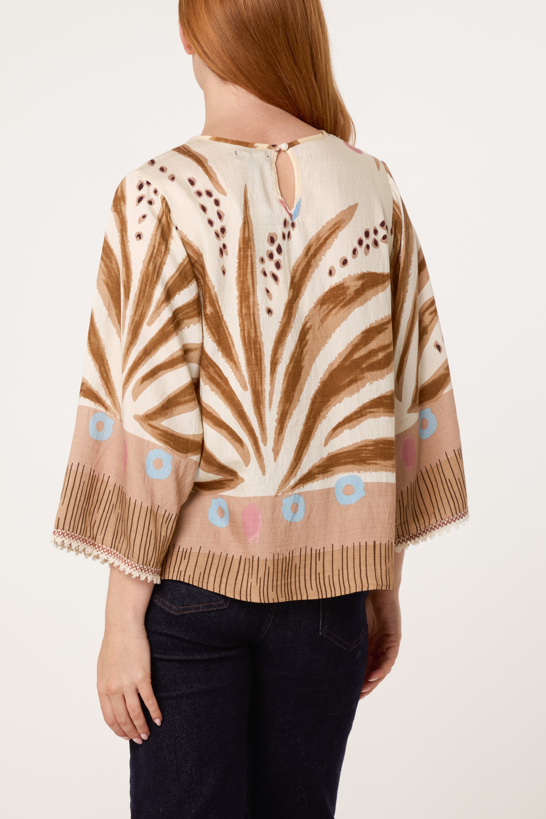 Abstract Leaf Print Embroidery Top