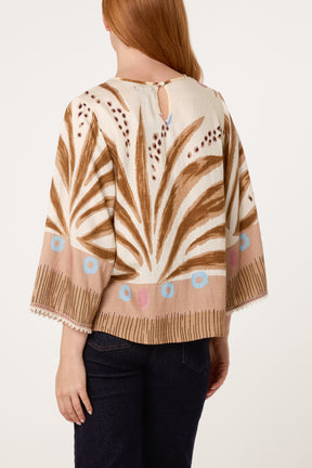 Abstract Leaf Print Embroidery Top