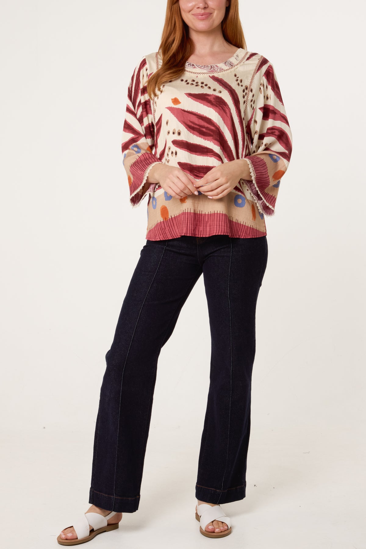 Abstract Leaf Print Embroidery Top