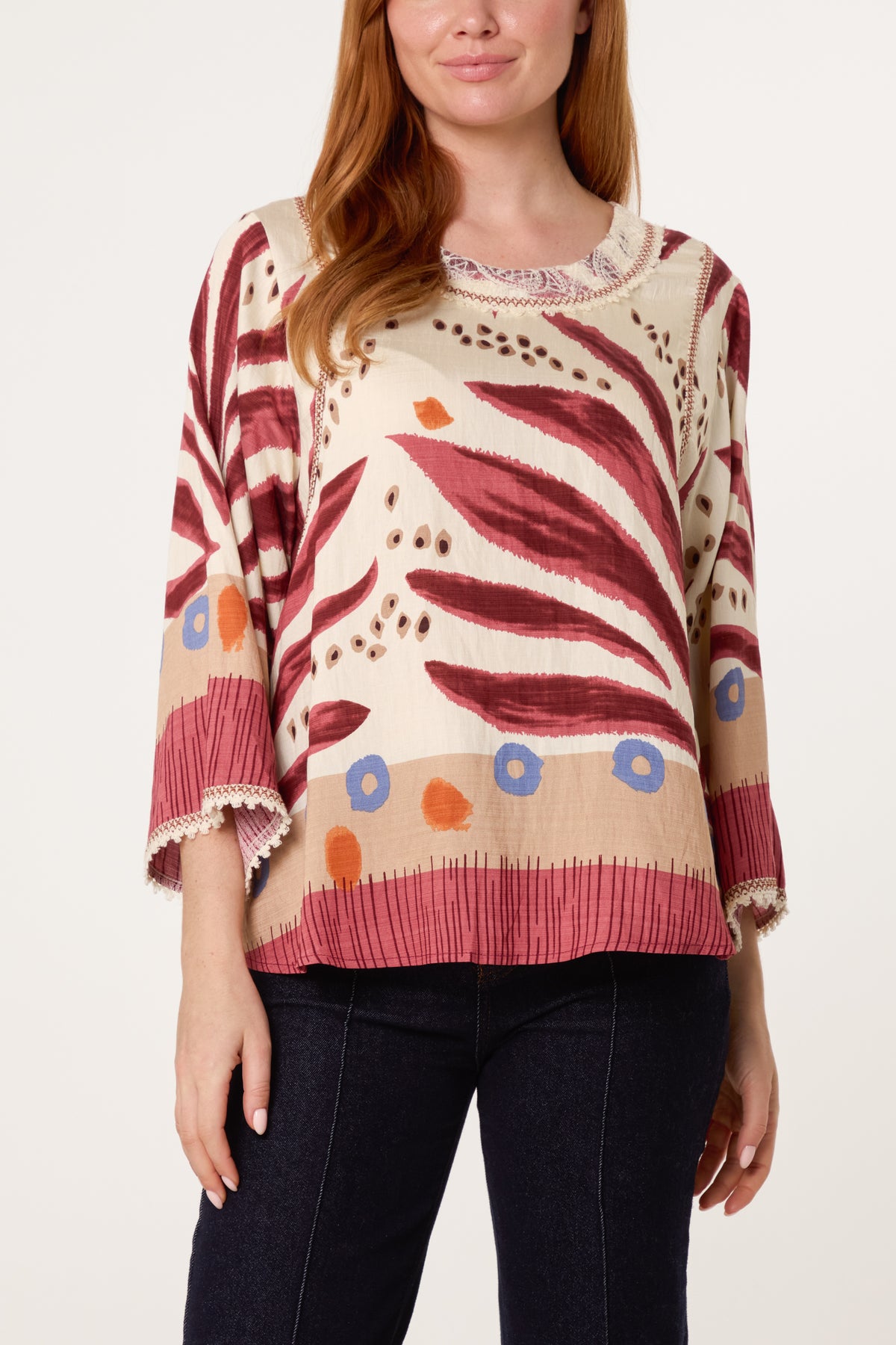 Abstract Leaf Print Embroidery Top
