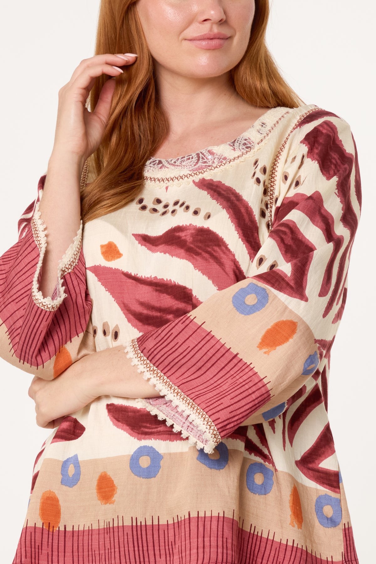 Abstract Leaf Print Embroidery Top