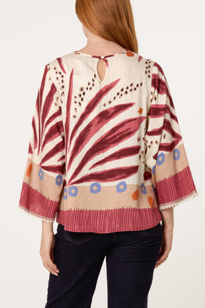 Abstract Leaf Print Embroidery Top