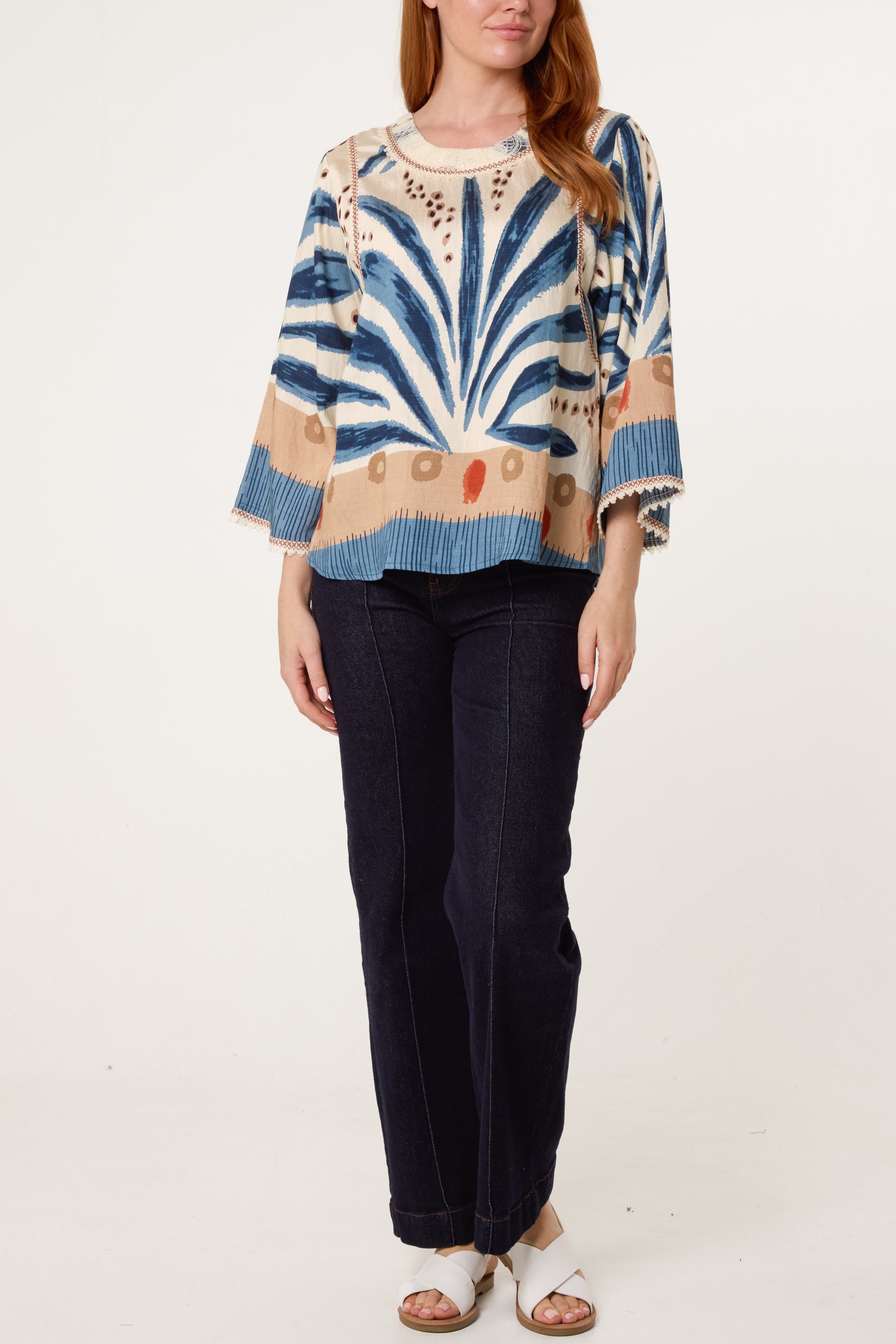 Abstract Leaf Print Embroidery Top