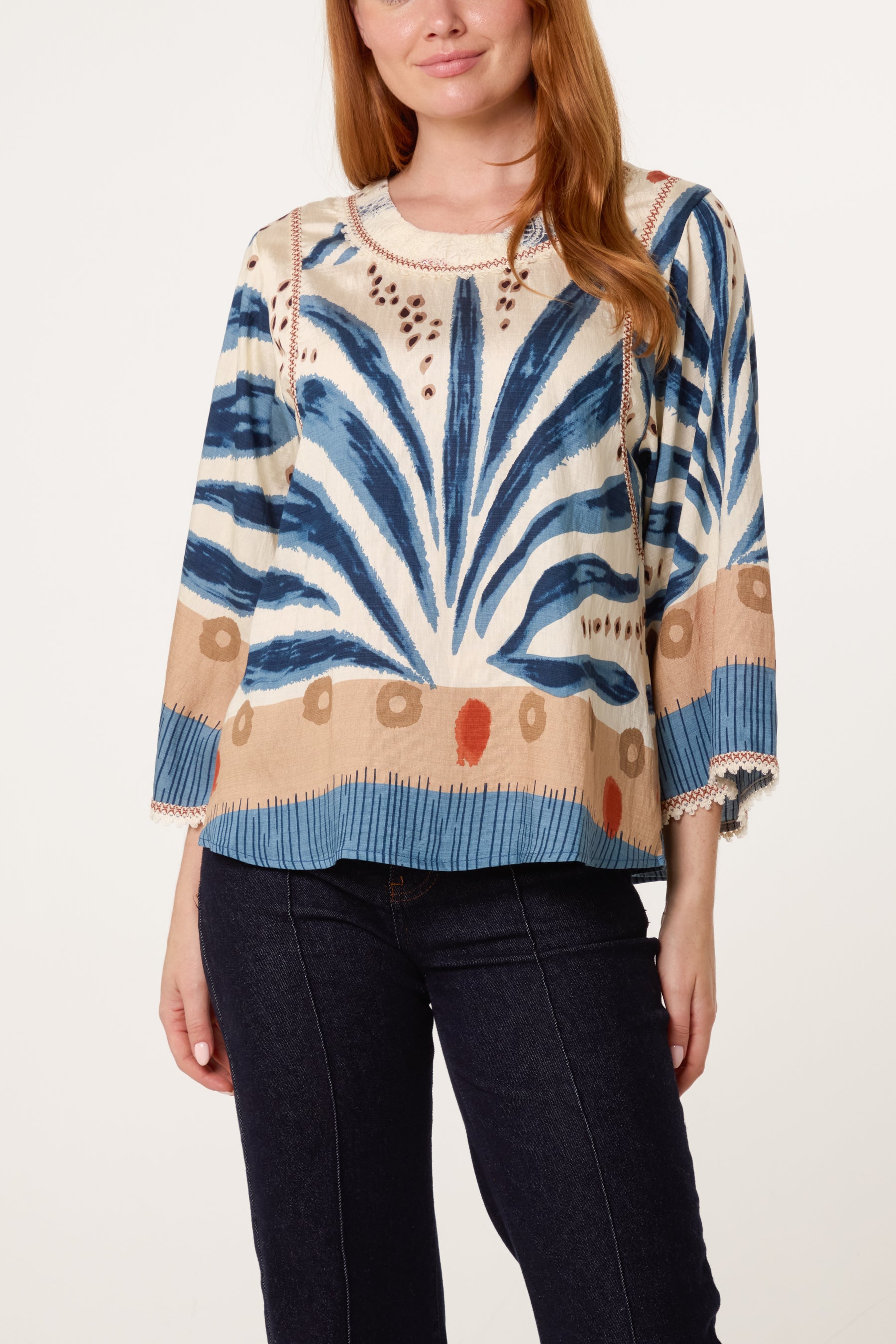 Abstract Leaf Print Embroidery Top