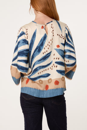 Abstract Leaf Print Embroidery Top