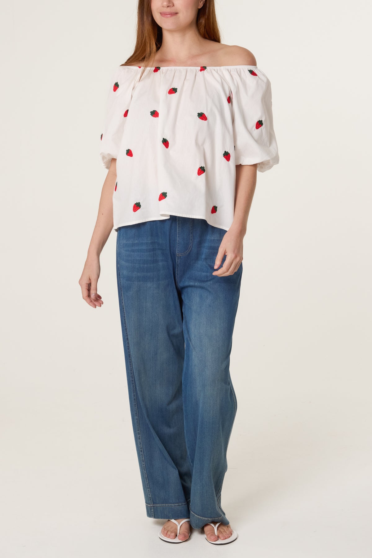 Bardot Strawberry Embroidery Top