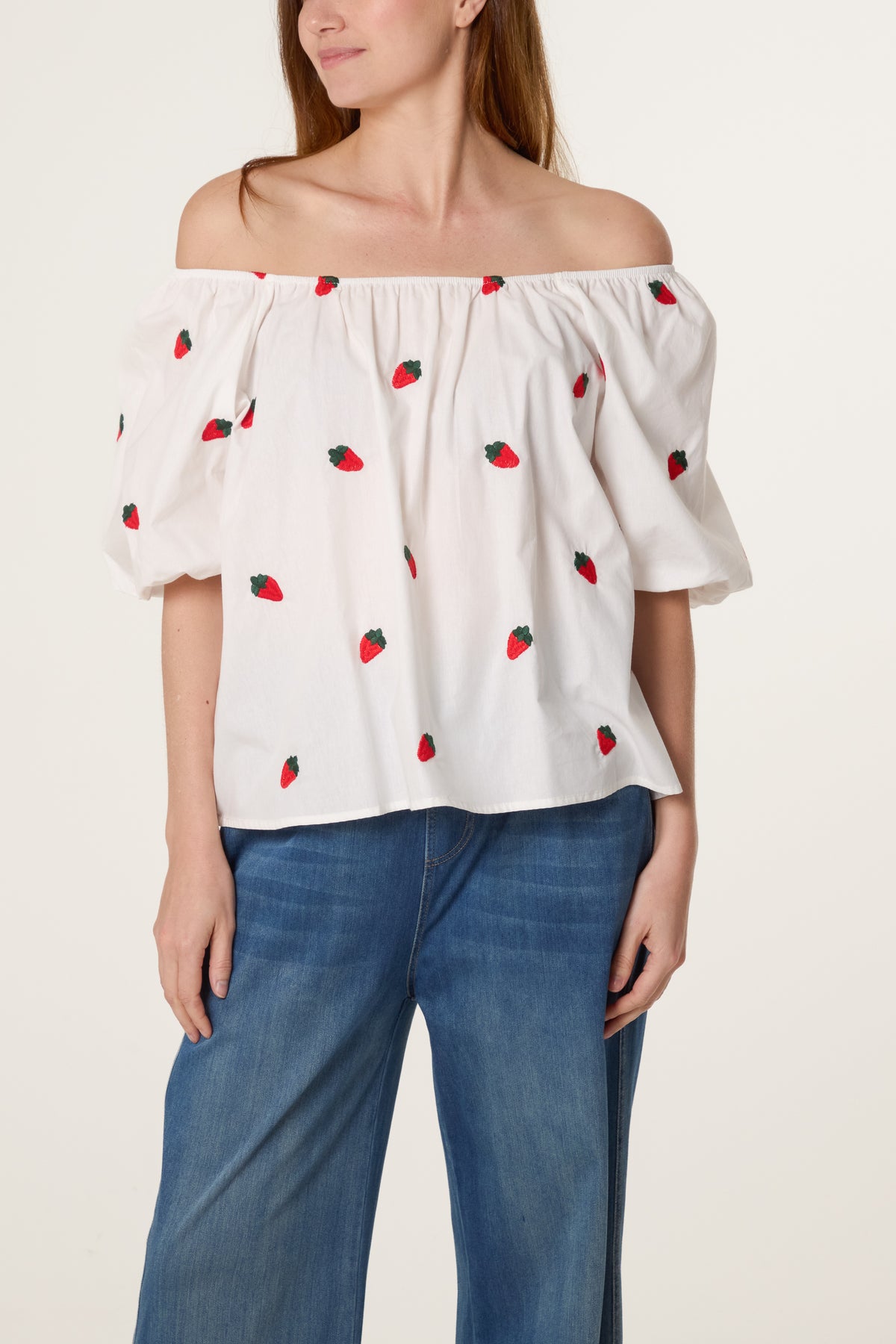 Bardot Strawberry Embroidery Top