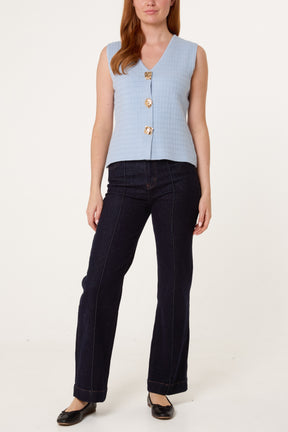 Gold Button Textured Knit Vest