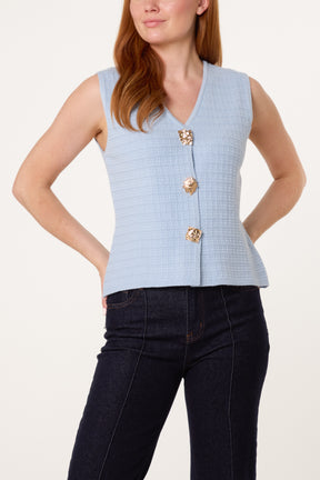 Gold Button Textured Knit Vest