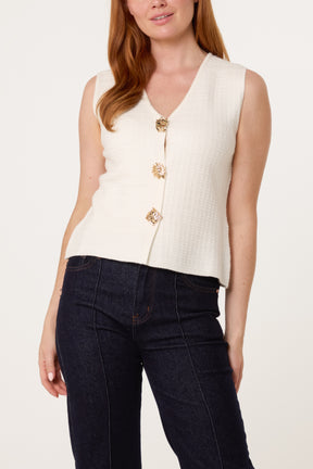Gold Button Textured Knit Vest