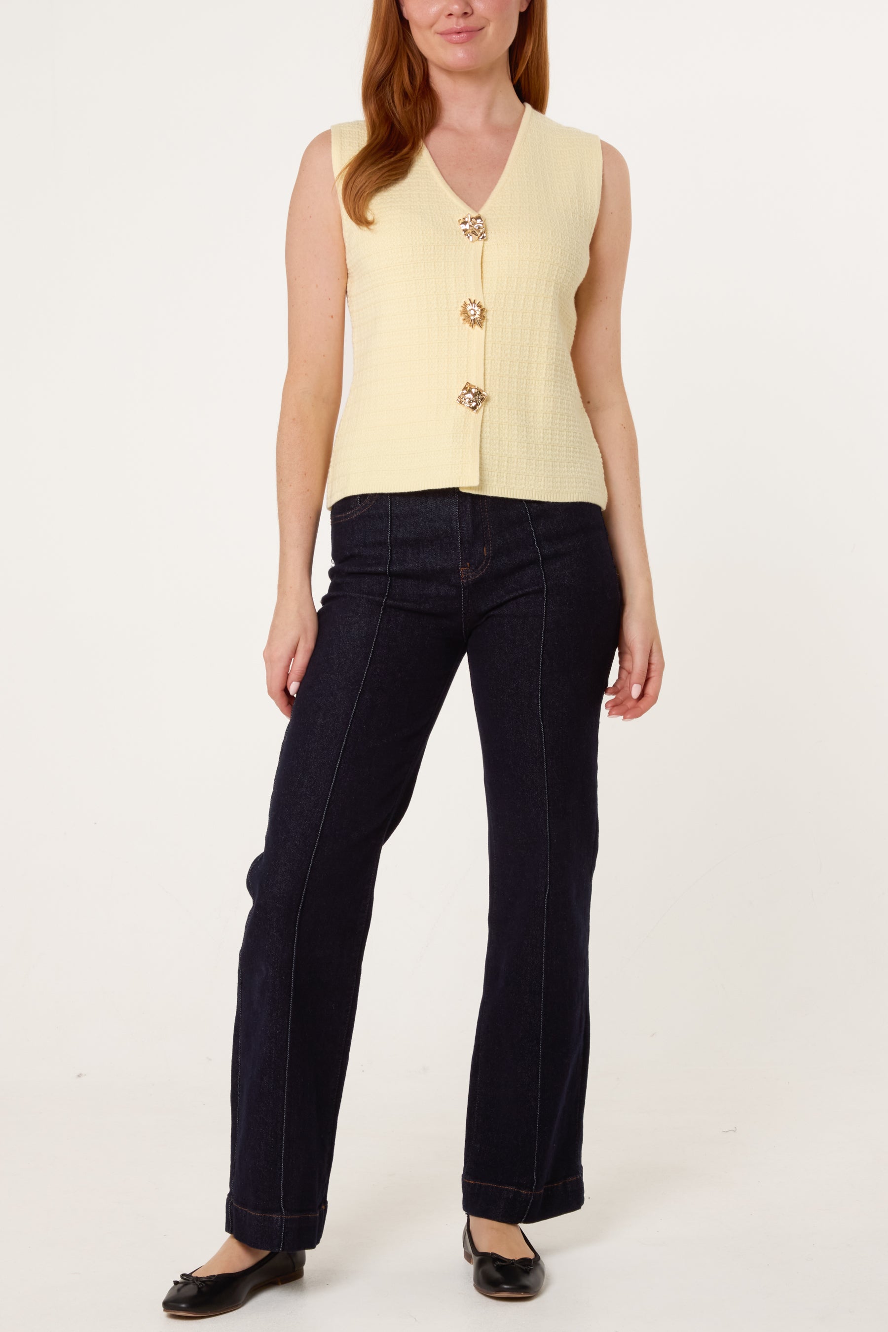 Gold Button Textured Knit Vest