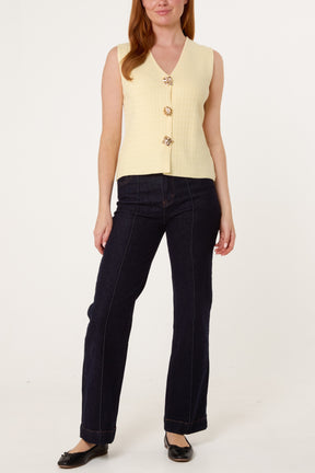 Gold Button Textured Knit Vest