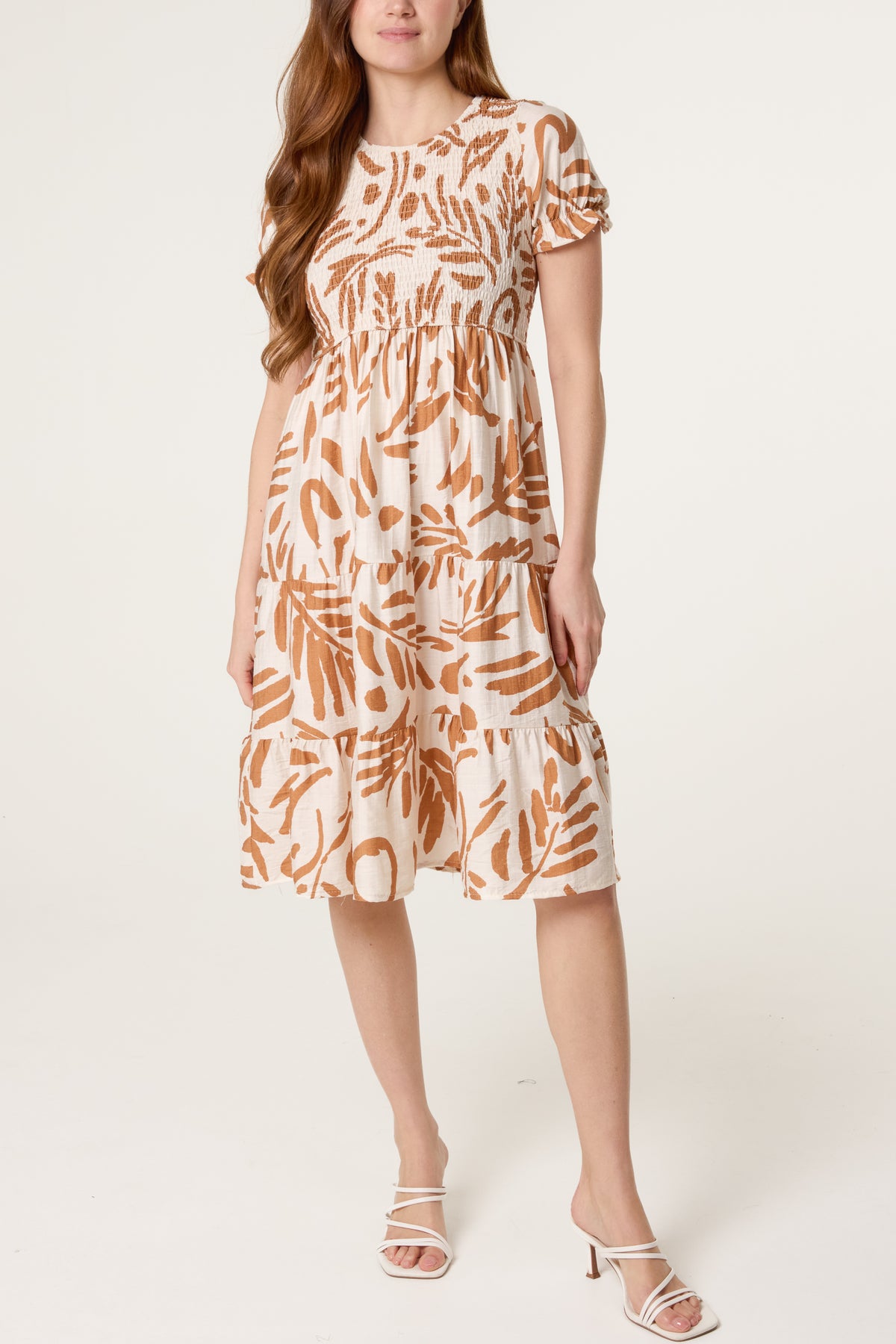 Abstract Leaf Shirred Bust Tiered Dress