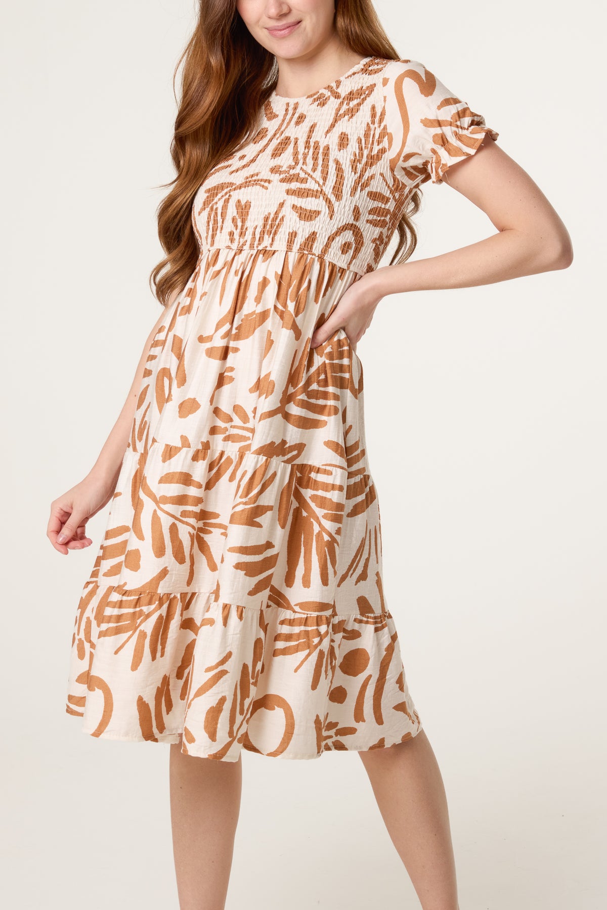 Abstract Leaf Shirred Bust Tiered Dress