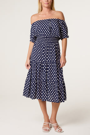 Polka Dot Shirred Bardot Dress