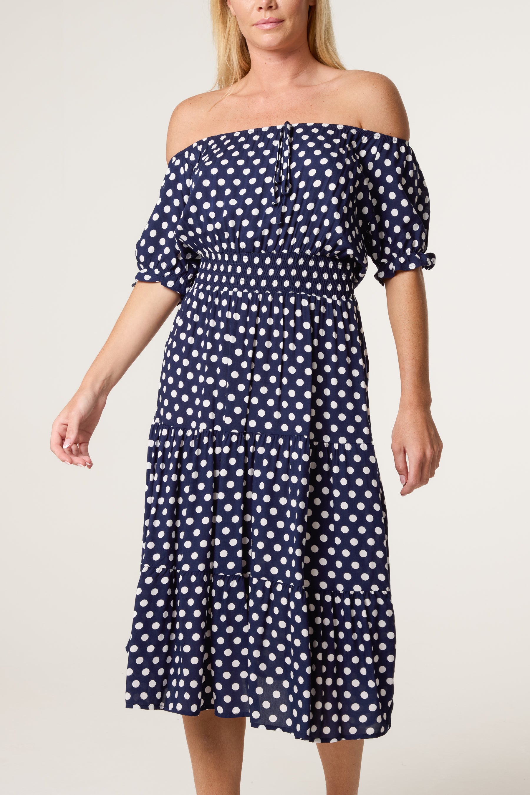 Polka Dot Shirred Bardot Dress