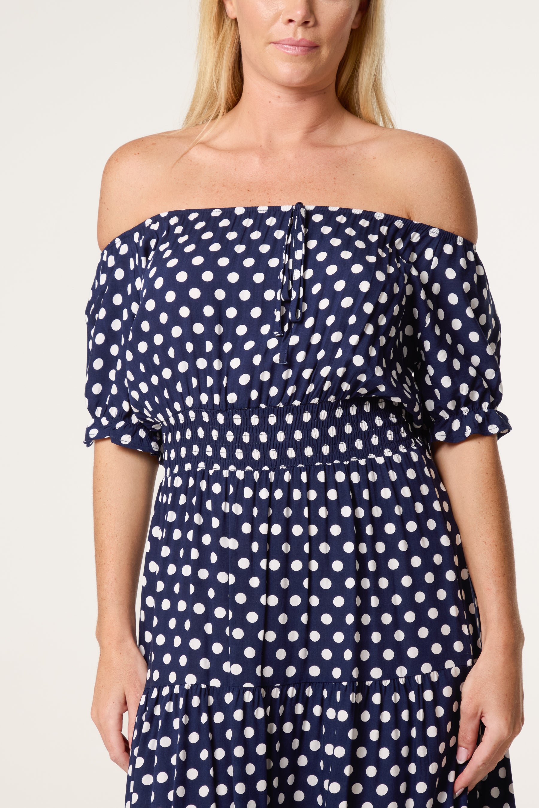 Polka Dot Shirred Bardot Dress