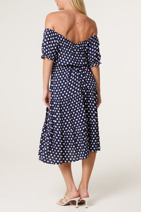 Polka Dot Shirred Bardot Dress