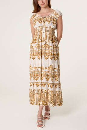 Elastic Neck Abstract Tiered Dress