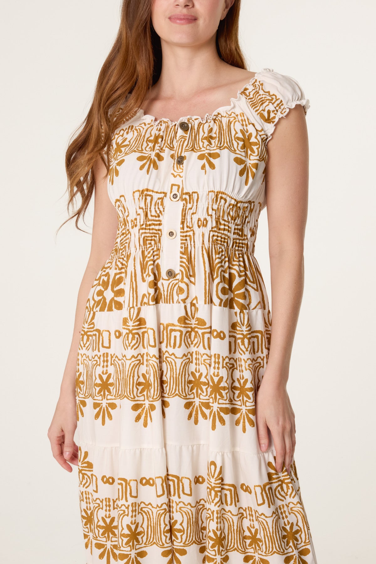 Elastic Neck Abstract Tiered Dress