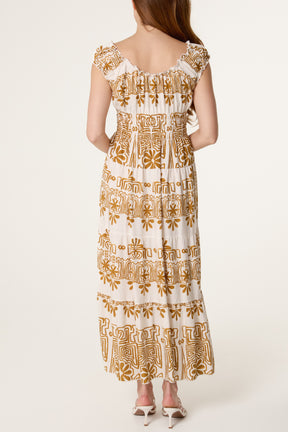 Elastic Neck Abstract Tiered Dress