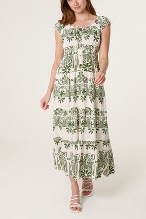 Elastic Neck Abstract Tiered Dress