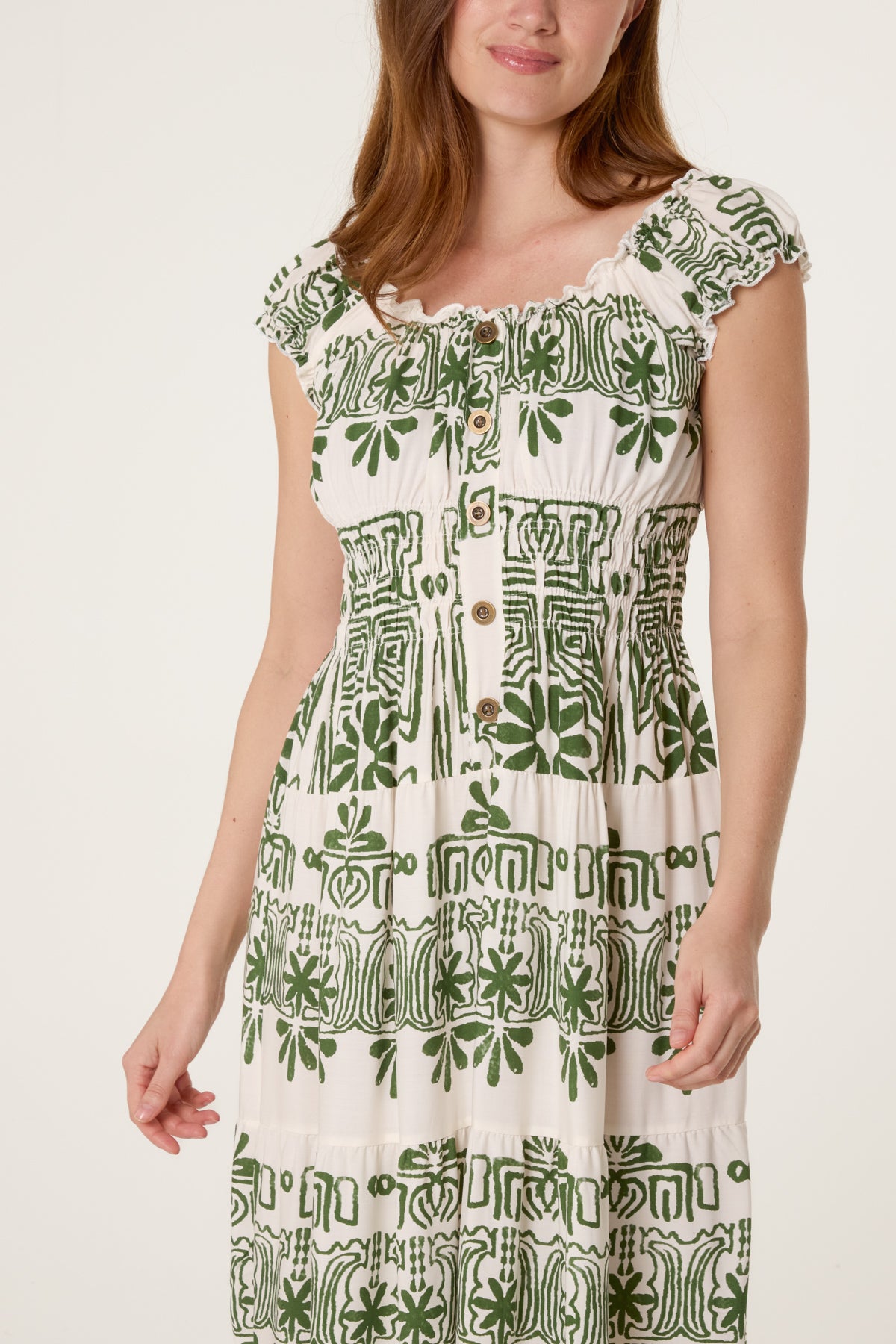 Elastic Neck Abstract Tiered Dress