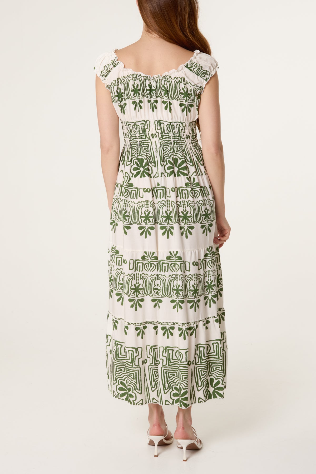 Elastic Neck Abstract Tiered Dress