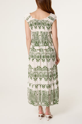 Elastic Neck Abstract Tiered Dress