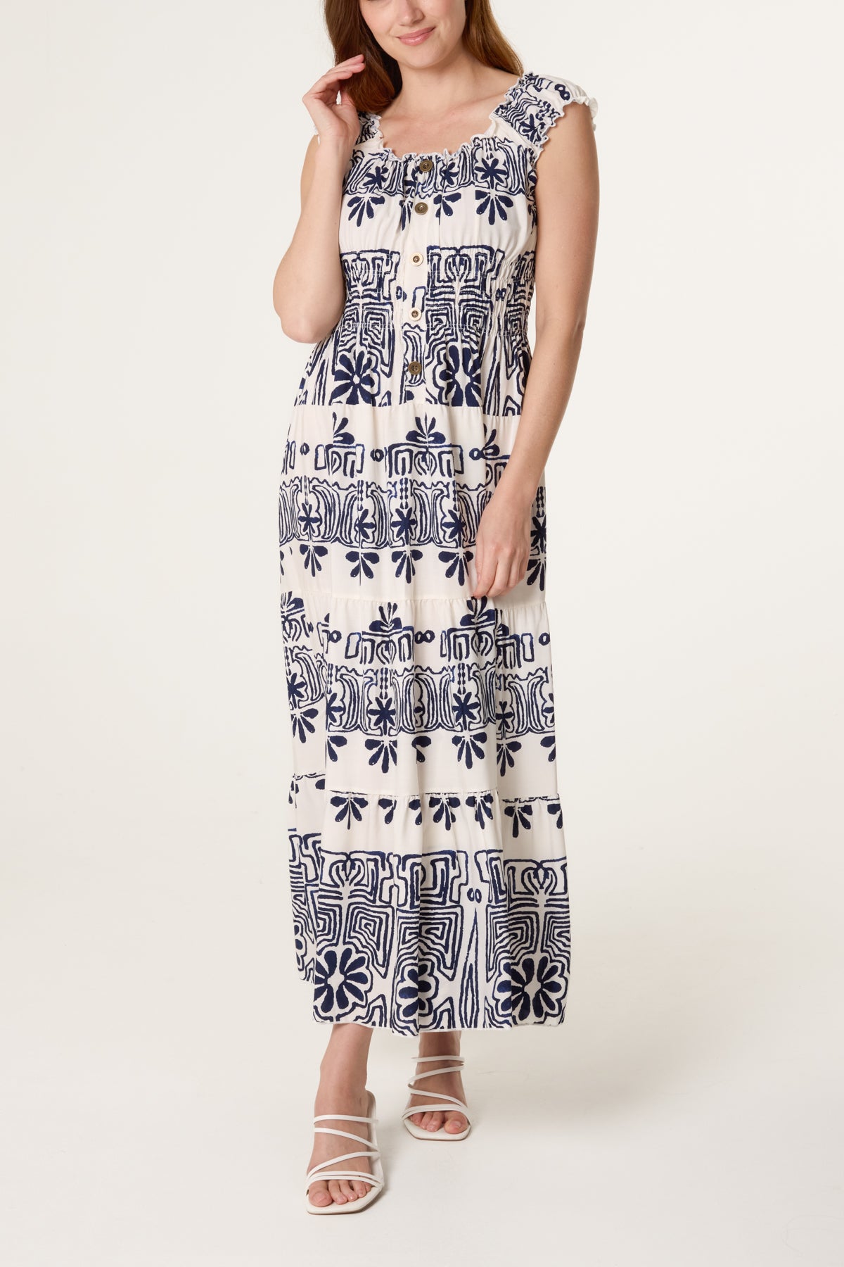 Elastic Neck Abstract Tiered Dress