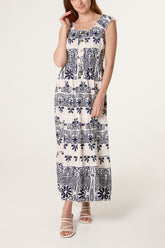 Elastic Neck Abstract Tiered Dress