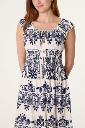 Elastic Neck Abstract Tiered Dress