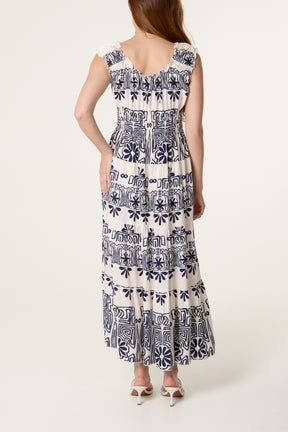 Elastic Neck Abstract Tiered Dress